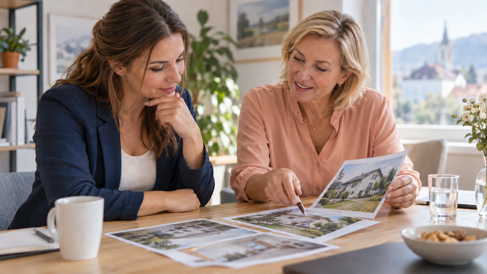 Zwei Frauen besprechen Fotos eines Hauses an einem Tisch